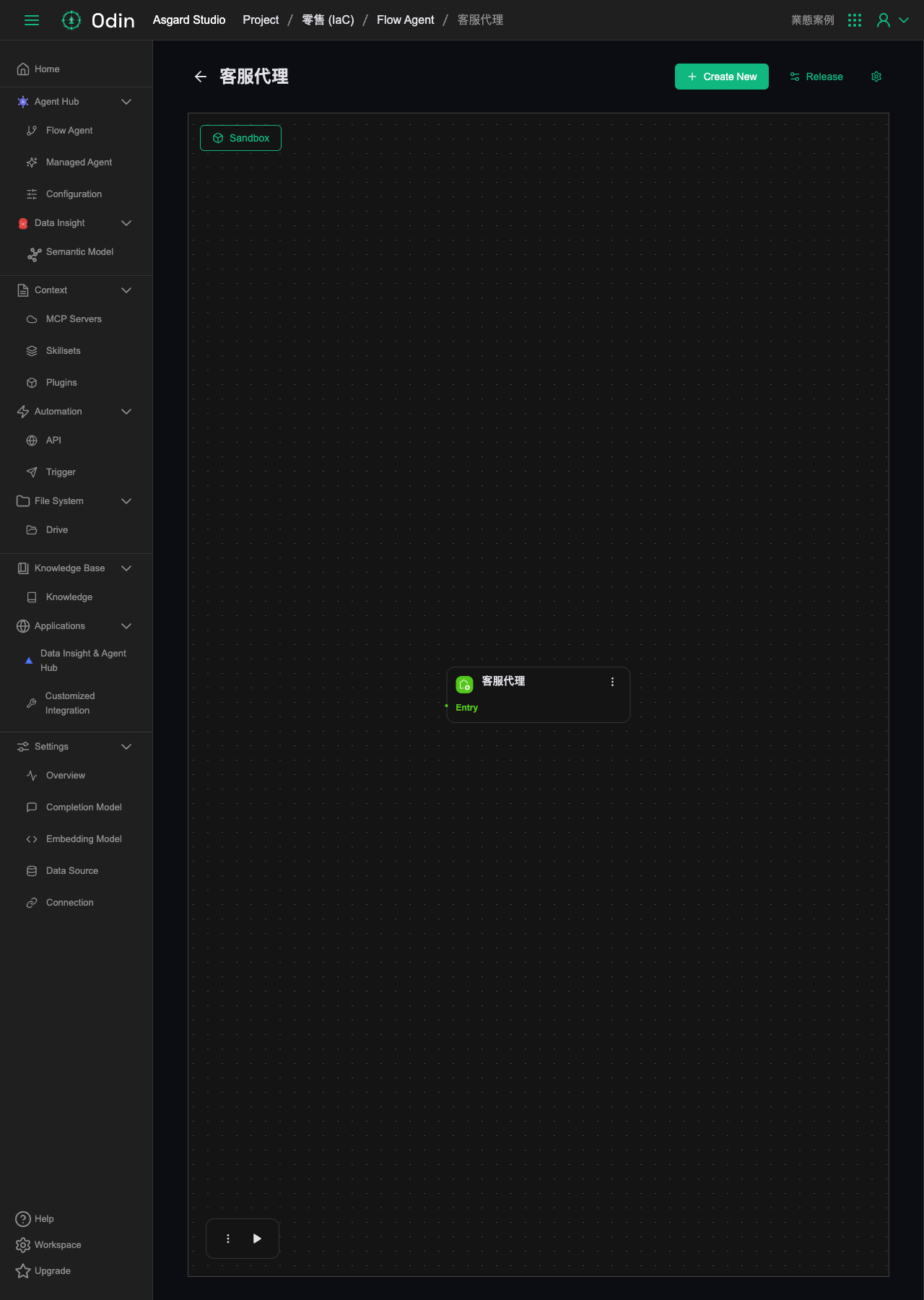 客服代理的視覺化 Workflow,Entry → Init → Agent → Listen 四個節點,Agent 失敗時走 Error 分支