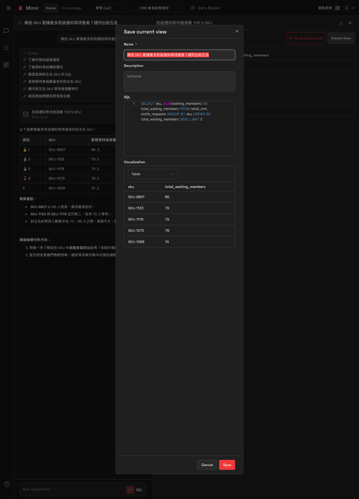 Save current view 對話框：Name、Description、SQL 與 Visualization 呈現方式