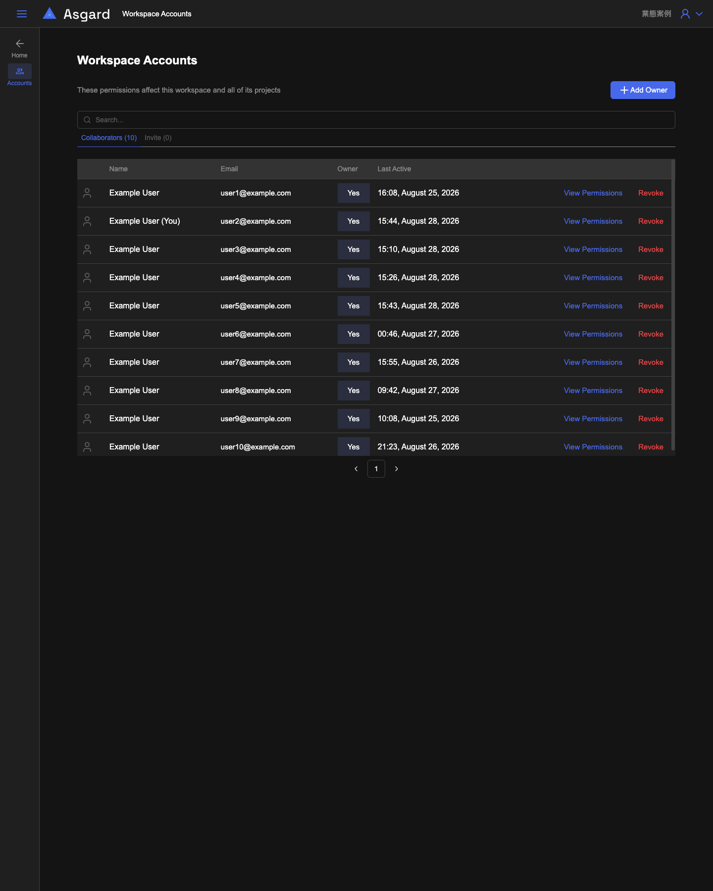 Workspace Accounts：Collaborators 分頁、Owner 欄位與每列的 View Permissions／Revoke