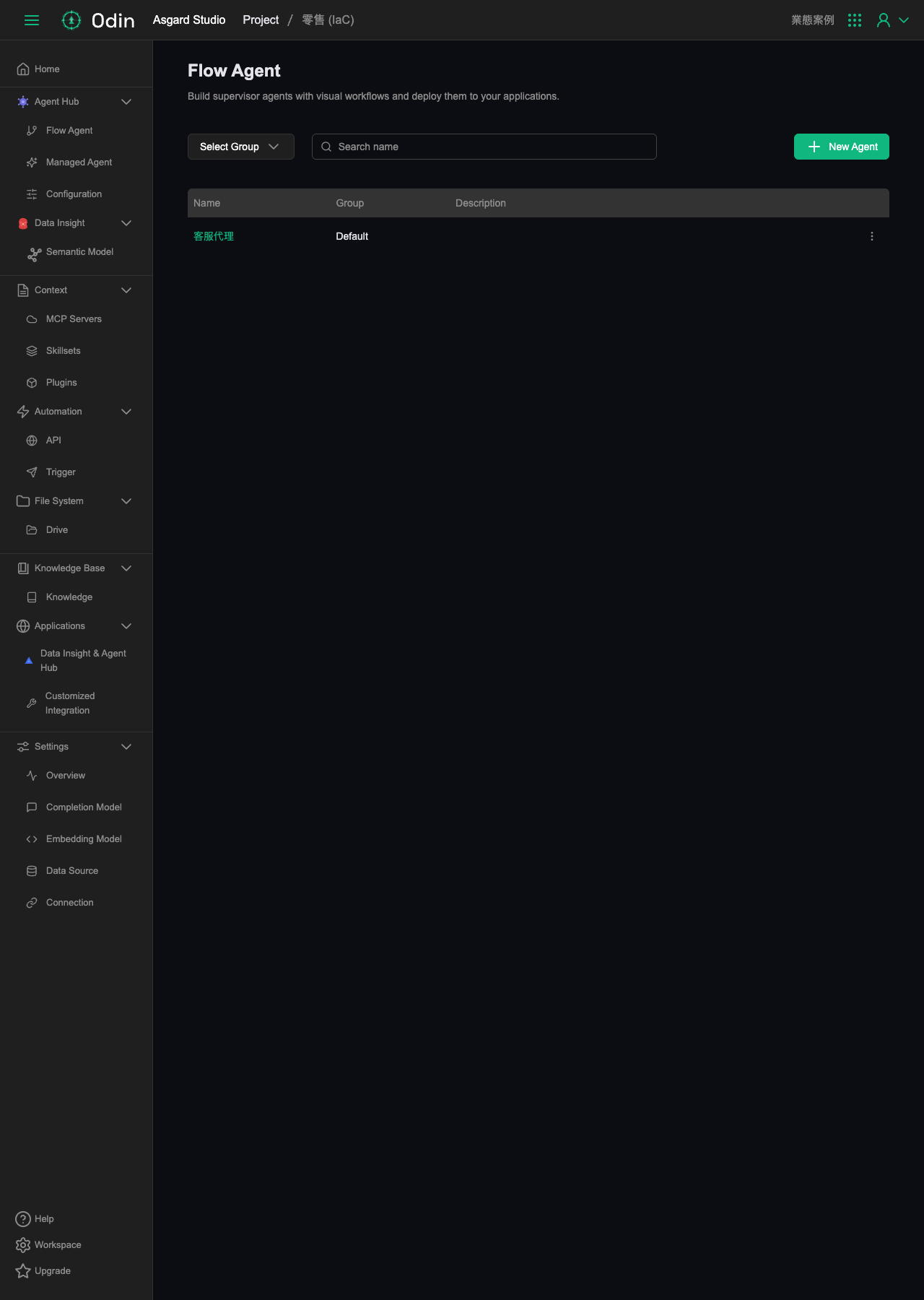 Flow Agent list, with a single support agent