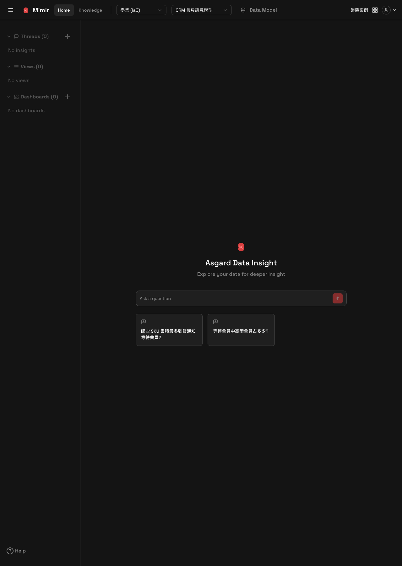 Mimir のプロジェクトホーム。サイドバーの Threads／Views／Dashboards と、中央の質問ボックスおよび推奨質問